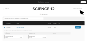 English 11 course list. A checkmark indicates a course has been added. The cursor is clicking the next subject in the student's course plan: Math 11